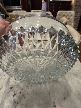 Cut Glass Starburst Serving Bowl - Clear Glass with silver edging